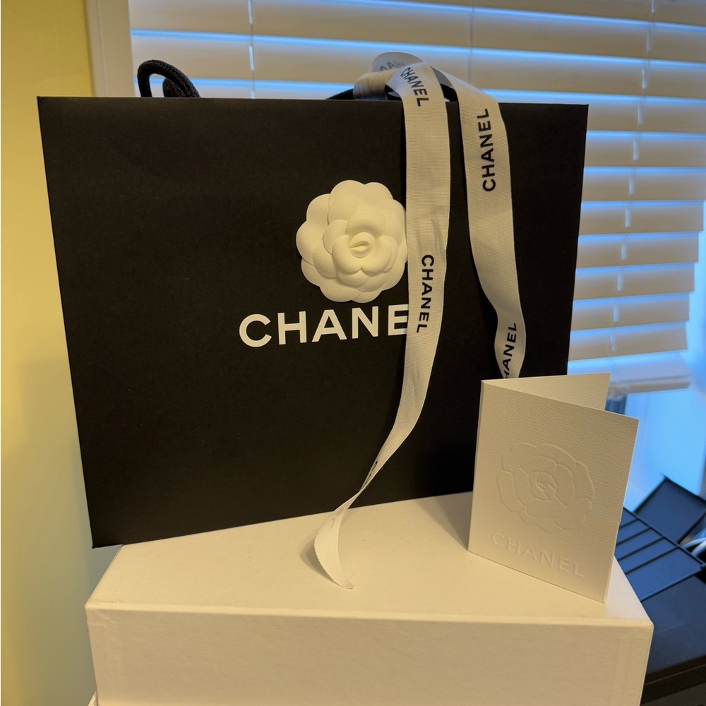 Chanel Medium Boutique Paper Bag White Camellia and Ribbon